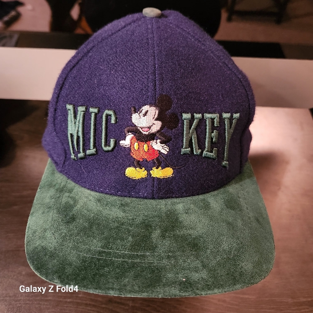 Vintage 90’s blue green wool suede embroidered Mickey Mouse Straback Hat